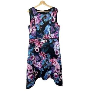 Adrianna Papell Blue & Purple Floral A-Line Shark Bite Hem Knee Length Dress 16